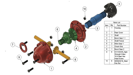 Exploded differential gearbox assembly with parts list