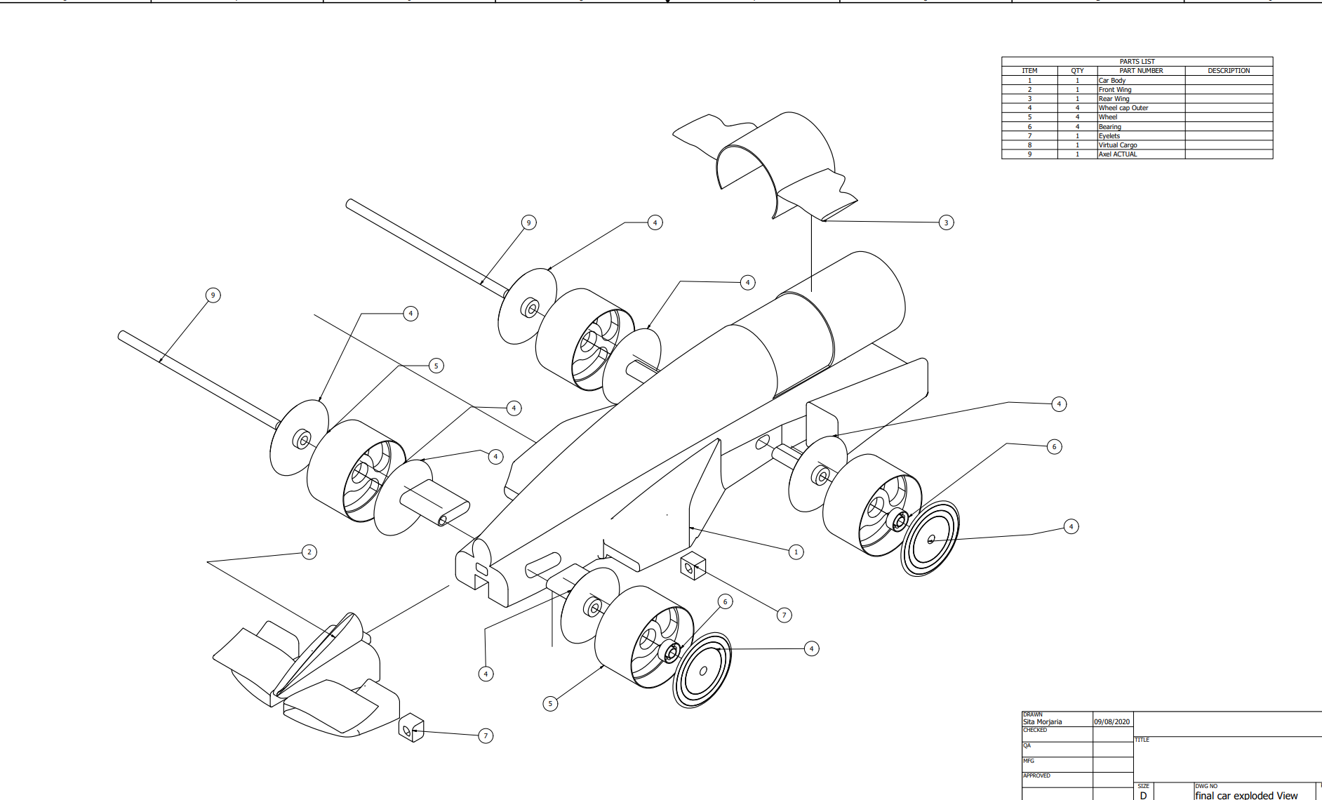 Exploded engineering drawing of F1 in Schools car